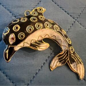 Very Rare vintage cloisonné enamel dolphin pendant with gold-tone metal outline.